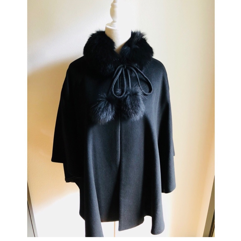Belle Fare Black Poncho real fox fur